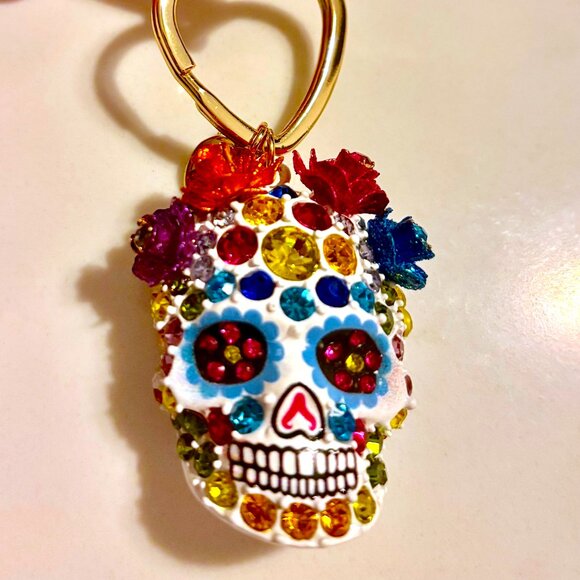 Betsey Johnson Sugar Skull Bag Charm Jeweled Fob KeyChain Day of the Dead NIB - Picture 9 of 11